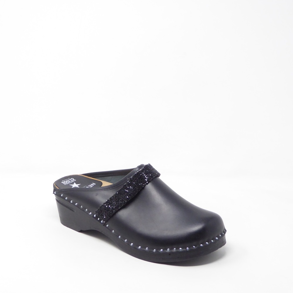 Newbark by Troentorp Smithy Swedish Clogs Black Glitter Studded Leather Mules 41